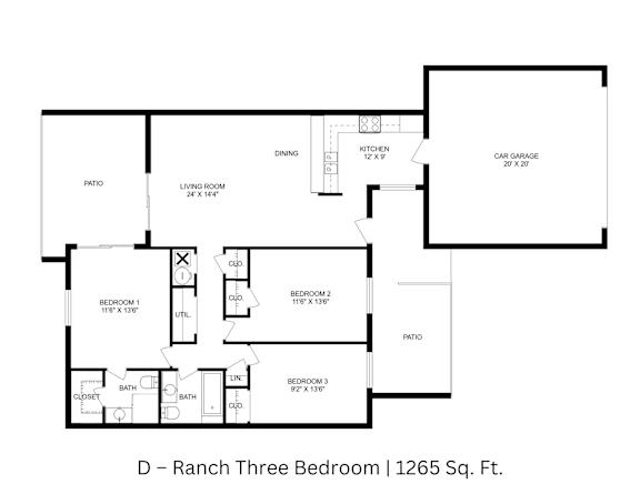 2D floor plan of a 3-bedroom, 2-bathroom ranch-style townhome showing labeled layout across 1,265 sq. ft.
