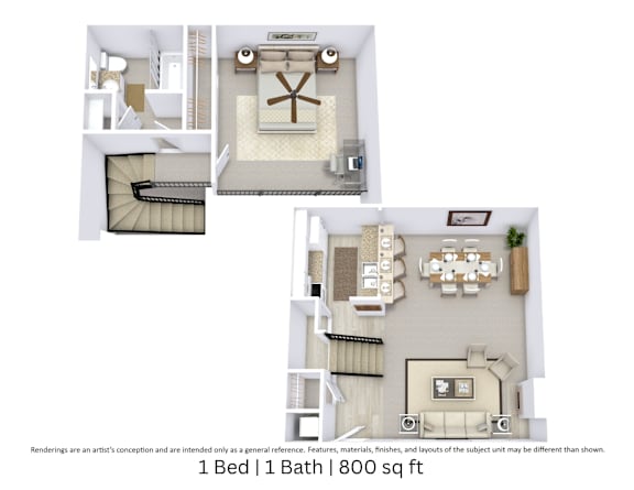 This is a 3D-floor plan providing a detailed, angled view of the space with room layouts, furniture placement, and spatial flow. Features 1 bedrooms, 1 bathrooms, and approximately 800 Sq. Ft.