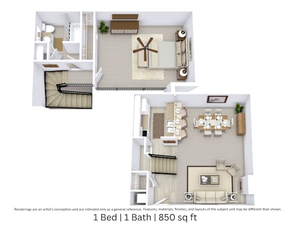 This is a 3D-floor plan providing a detailed, angled view of the space with room layouts, furniture placement, and spatial flow. Features 1 bedrooms, 1 bathrooms, and approximately 850 Sq. Ft.