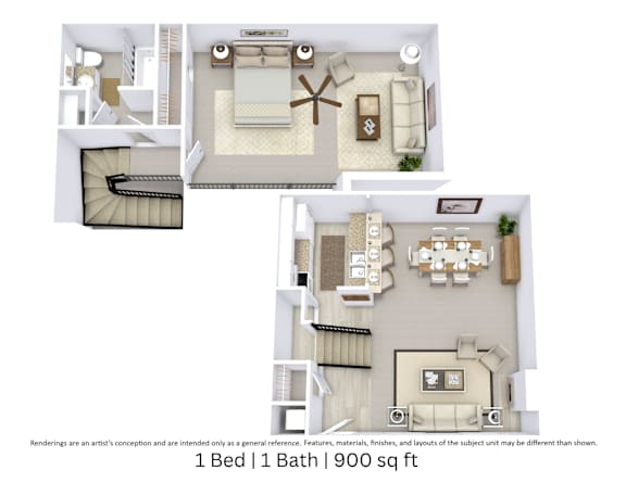 This is a 3D-floor plan providing a detailed, angled view of the space with room layouts, furniture placement, and spatial flow. Features 1 bedrooms, 1 bathrooms, and approximately 900 Sq. Ft.