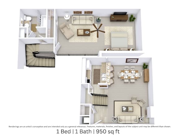 This is a 3D-floor plan providing a detailed, angled view of the space with room layouts, furniture placement, and spatial flow. Features 1 bedrooms, 1 bathrooms, and approximately 950 Sq. Ft.