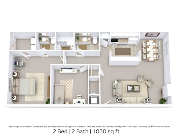 This is a 3D-floor plan providing a detailed, angled view of the space with room layouts, furniture placement, and spatial flow. Features 2 bedrooms, 2 bathrooms, and approximately 1,050 Sq. Ft.
