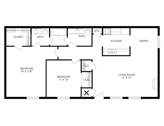 This is a 2D-floor plan showing the space layout with labeled rooms, walls, and dimensions. It includes 2 bedrooms, 2 bathrooms, and approximately 1,050 Sq. Ft.