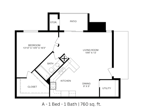 2D floor plan of the A layout with 1 bedroom, 1 bathroom, and approximately 760 sq ft.