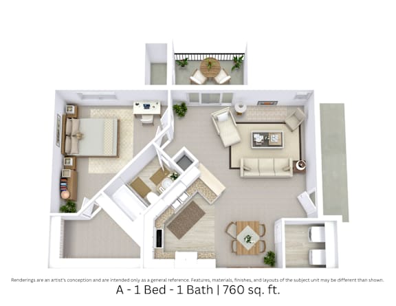 3D floor plan of the A layout with 1 bedroom, 1 bathroom, and approximately 760 sq ft.