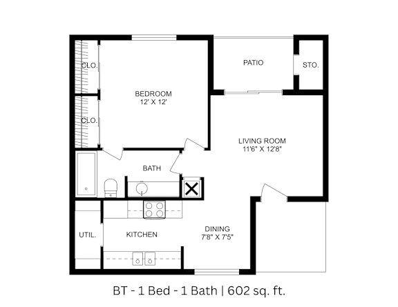 2D floor plan of the BT layout with 1 bedroom, 1 bathroom, and approximately 602 sq ft.
