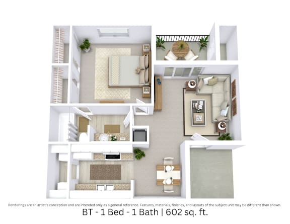 3D floor plan of the BT layout with 1 bedroom, 1 bathroom, and approximately 602 sq ft.