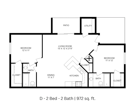 2D floor plan of the D layout with 2 bedrooms, 2 bathrooms, and approximately 972 sq ft.