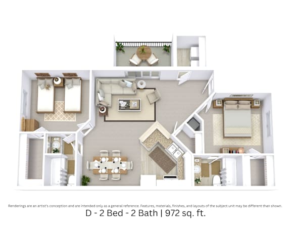 3D floor plan of the D layout with 2 bedrooms, 2 bathrooms, and approximately 972 sq ft.
