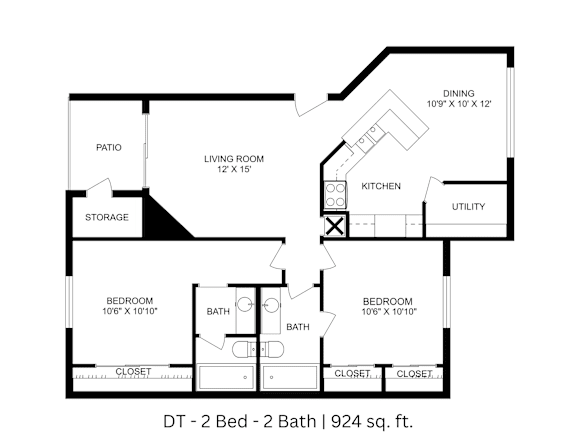 2D floor plan of the DT layout with 2 bedrooms, 2 bathrooms, and approximately 924 sq ft.