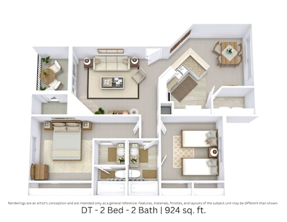 3D floor plan of the DT layout with 2 bedrooms, 2 bathrooms, and approximately 924 sq ft.