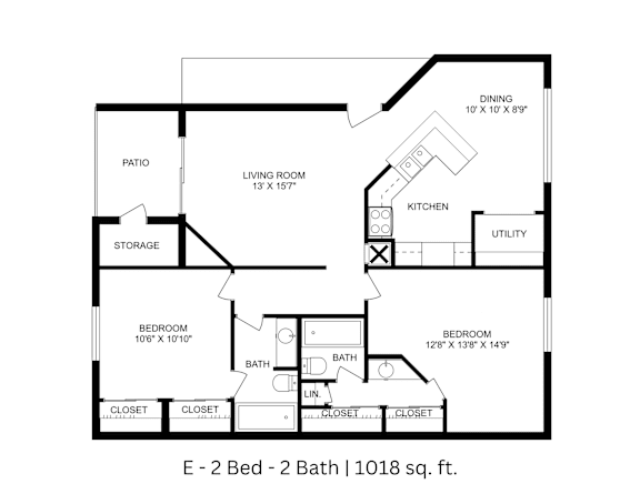 2D floor plan of the E layout with 2 bedrooms, 2 bathrooms, and approximately 1,018 sq ft.