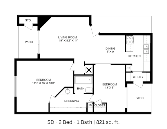 2D floor plan of the SD layout with 2 bedrooms, 1 bathroom, and approximately 821 sq ft.