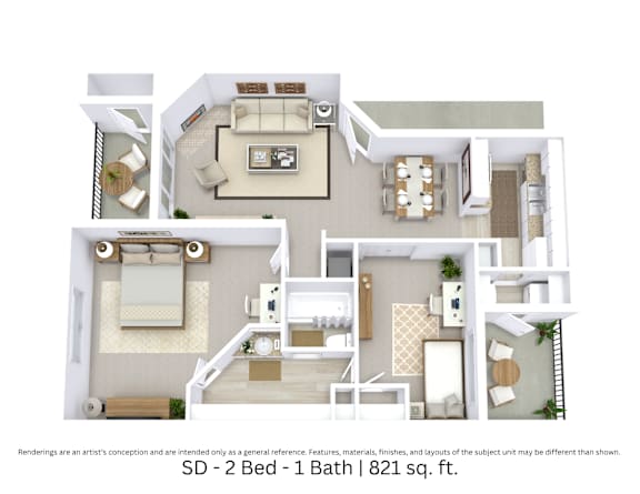 3D floor plan of the SD layout with 2 bedrooms, 1 bathroom, and approximately 821 sq ft.