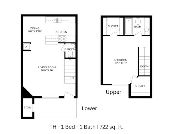 2D floor plan of the TH layout with 1 bedroom, 1 bathroom, and approximately 722 sq ft.