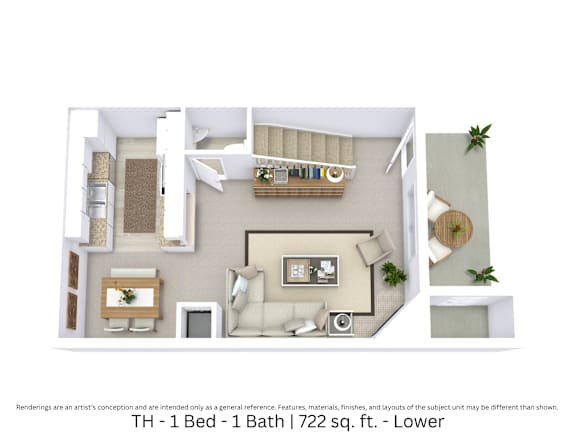 3D floor plan of the TH layout with 1 bedroom, 1 bathroom, and approximately 722 sq ft.