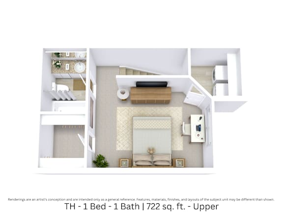 3D floor plan of the TH layout with 1 bedroom, 1 bathroom, and approximately 722 sq ft.