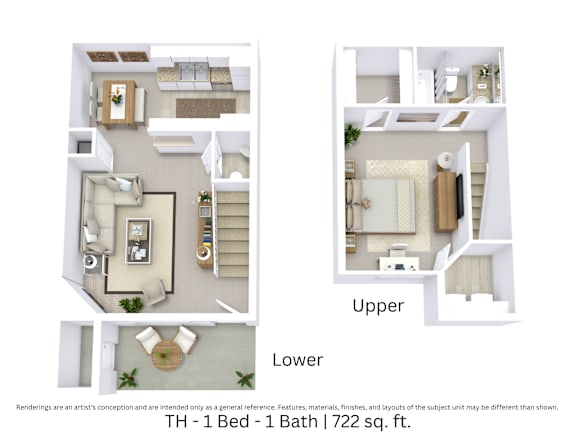 3D floor plan of the TH layout with 1 bedroom, 1 bathroom, and approximately 722 sq ft.