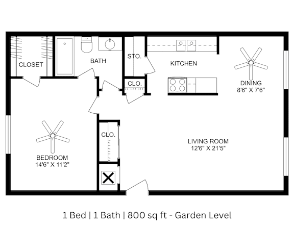 This is a 2D-floor plan showing the space layout with labeled rooms, walls, and dimensions. It includes 1 bedrooms, 1 bathrooms, and approximately 800 Sq. Ft