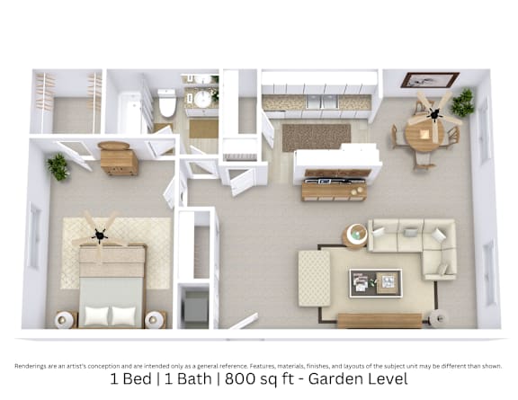 This is a 3D-floor plan providing a detailed, angled view of the space with room layouts, furniture placement, and spatial flow. Features 1 bedrooms, 1 bathrooms, and approximately 800 Sq. Ft