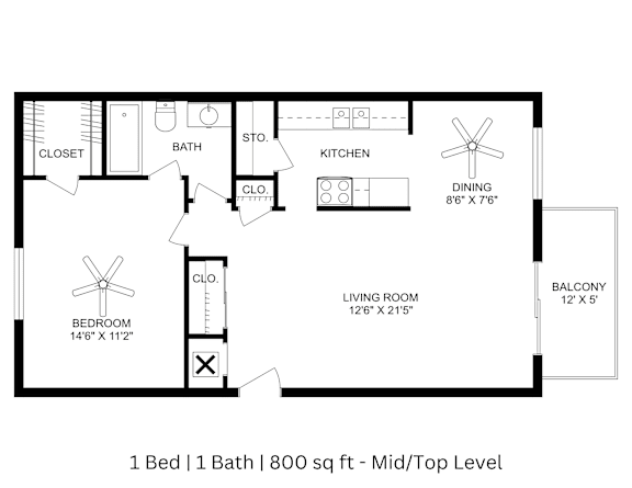 This is a 2D-floor plan showing the space layout with labeled rooms, walls, and dimensions. It includes 1 bedrooms, 1 bathrooms, and approximately 800 Sq. Ft