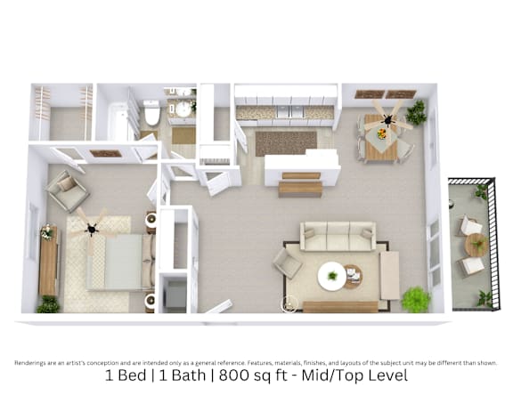 This is a 3D-floor plan providing a detailed, angled view of the space with room layouts, furniture placement, and spatial flow. Features 1 bedrooms, 1 bathrooms, and approximately 800 Sq. Ft