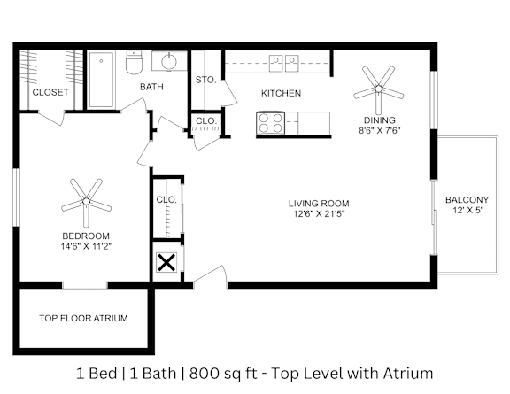This is a 2D-floor plan showing the space layout with labeled rooms, walls, and dimensions. It includes 1 bedrooms, 1 bathrooms, and approximately 800 Sq. Ft