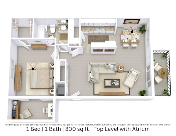 This is a 3D-floor plan providing a detailed, angled view of the space with room layouts, furniture placement, and spatial flow. Features 1 bedrooms, 1 bathrooms, and approximately 800 Sq. Ft