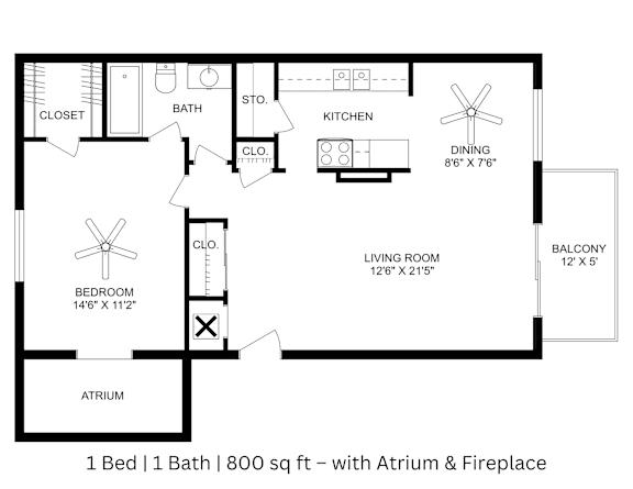 This is a 2D-floor plan showing the space layout with labeled rooms, walls, and dimensions. It includes 1 bedrooms, 1 bathrooms, and approximately 800 Sq. Ft