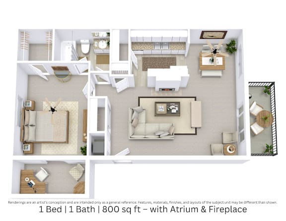 This is a 3D-floor plan providing a detailed, angled view of the space with room layouts, furniture placement, and spatial flow. Features 1 bedrooms, 1 bathrooms, and approximately 800 Sq. Ft