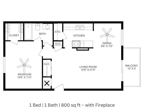 This is a 2D-floor plan showing the space layout with labeled rooms, walls, and dimensions. It includes 1 bedrooms, 1 bathrooms, and approximately 800 Sq. Ft