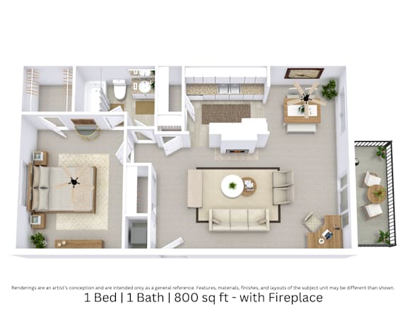 This is a 3D-floor plan providing a detailed, angled view of the space with room layouts, furniture placement, and spatial flow. Features 1 bedrooms, 1 bathrooms, and approximately 800 Sq. Ft