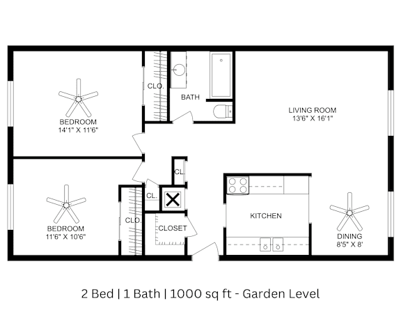 This is a 2D-floor plan showing the space layout with labeled rooms, walls, and dimensions. It includes 2 bedrooms, 1 bathrooms, and approximately 1000 Sq. Ft.
