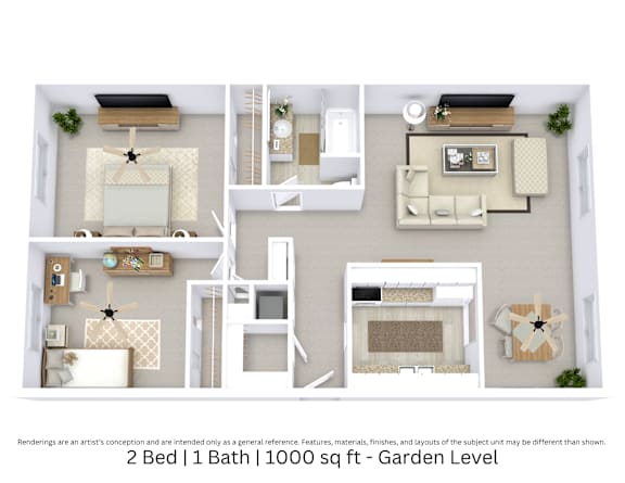 This is a 3D-floor plan providing a detailed, angled view of the space with room layouts, furniture placement, and spatial flow. Features 2 bedrooms, 1 bathrooms, and approximately 1000 Sq. Ft.