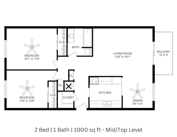 This is a 2D-floor plan showing the space layout with labeled rooms, walls, and dimensions. It includes 2 bedrooms, 1 bathrooms, and approximately 1000 Sq. Ft.