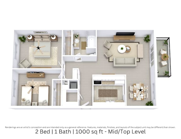 This is a 3D-floor plan providing a detailed, angled view of the space with room layouts, furniture placement, and spatial flow. Features 2 bedrooms, 1 bathrooms, and approximately 1000 Sq. Ft.