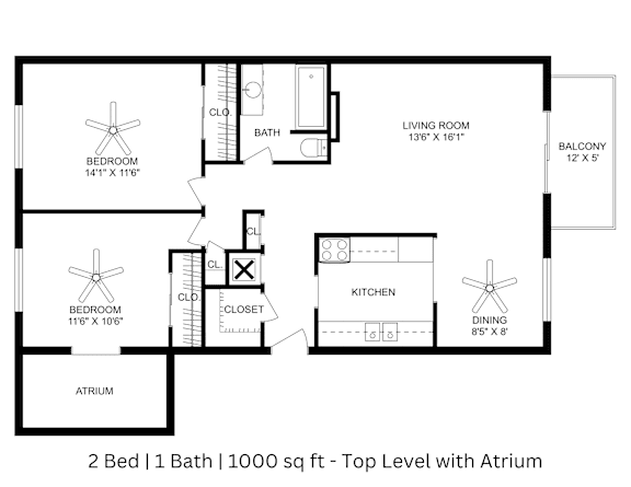 This is a 2D-floor plan showing the space layout with labeled rooms, walls, and dimensions. It includes 2 bedrooms, 1 bathrooms, and approximately 1000 Sq. Ft.