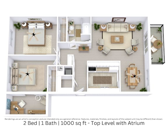 This is a 3D-floor plan providing a detailed, angled view of the space with room layouts, furniture placement, and spatial flow. Features 2 bedrooms, 1 bathrooms, and approximately 1000 Sq. Ft.
