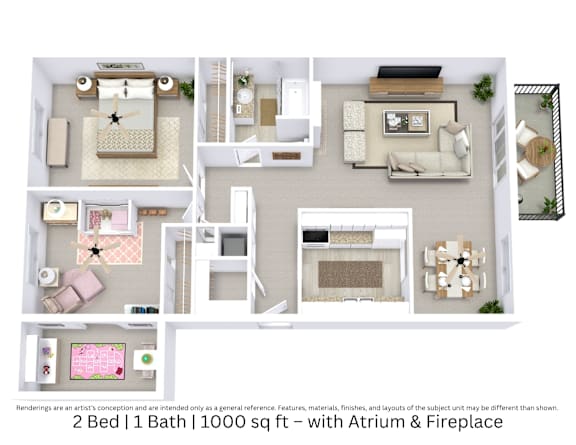 This is a 3D-floor plan providing a detailed, angled view of the space with room layouts, furniture placement, and spatial flow. Features 2 bedrooms, 1 bathrooms, and approximately 1000 Sq. Ft.