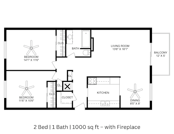 This is a 2D-floor plan showing the space layout with labeled rooms, walls, and dimensions. It includes 2 bedrooms, 1 bathrooms, and approximately 1000 Sq. Ft.