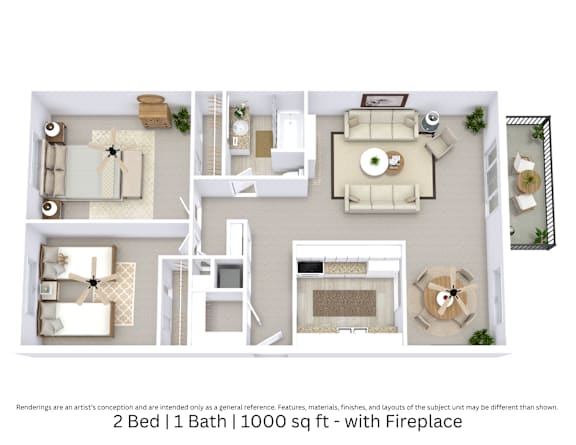This is a 3D-floor plan providing a detailed, angled view of the space with room layouts, furniture placement, and spatial flow. Features 2 bedrooms, 1 bathrooms, and approximately 1000 Sq. Ft.