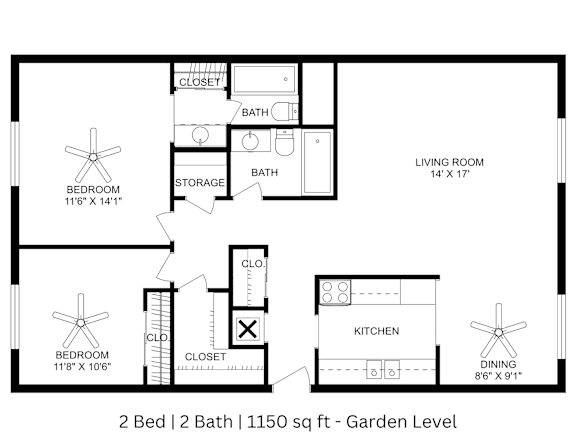 2 Bed|2 Bath - Garden Level