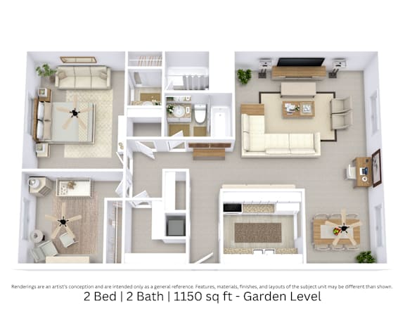 This is a 3D-floor plan providing a detailed, angled view of the space with room layouts, furniture placement, and spatial flow. Features 2 bedrooms, 2 bathrooms, and approximately 1150 Sq. Ft.