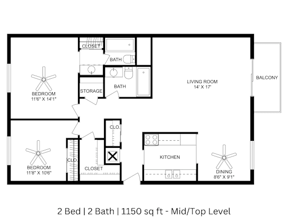 2 Bed|2 Bath - Mid or Top