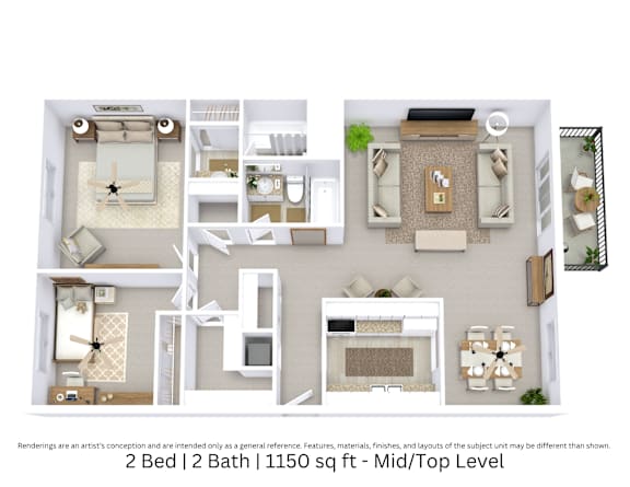 This is a 3D-floor plan providing a detailed, angled view of the space with room layouts, furniture placement, and spatial flow. Features 2 bedrooms, 2 bathrooms, and approximately 1150 Sq. Ft.