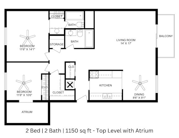 2 Bed|2 Bath - Top with Atrium