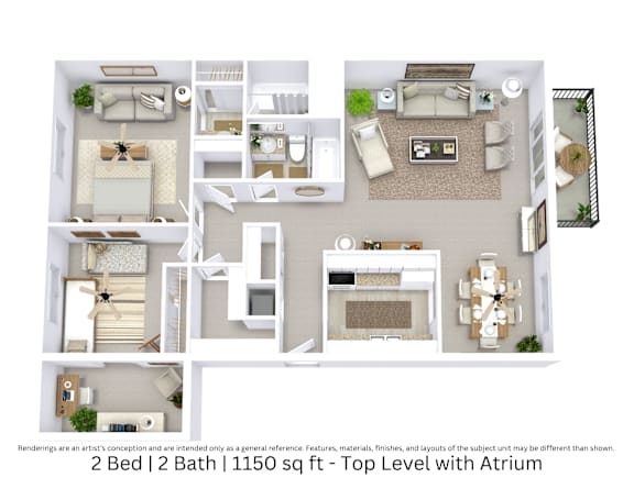 This is a 3D-floor plan providing a detailed, angled view of the space with room layouts, furniture placement, and spatial flow. Features 2 bedrooms, 2 bathrooms, and approximately 1150 Sq. Ft.