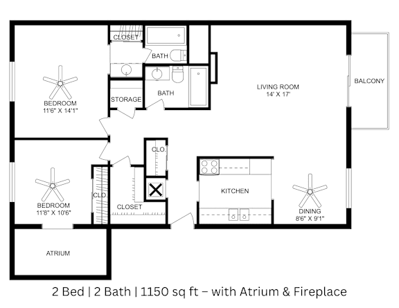 2 Bed|2 Bath with Atrium and Fireplace