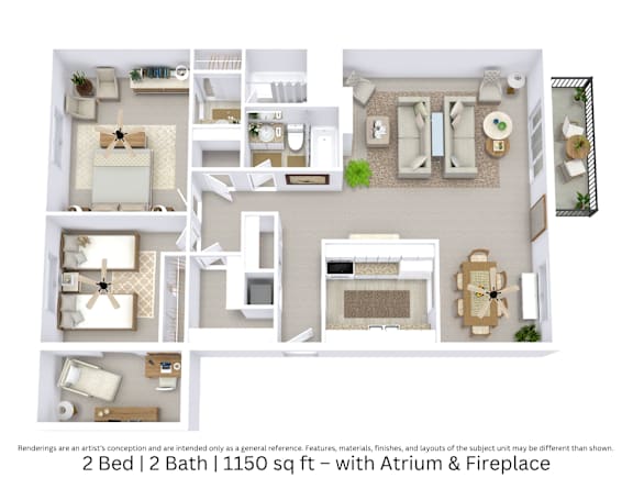 This is a 3D-floor plan providing a detailed, angled view of the space with room layouts, furniture placement, and spatial flow. Features 2 bedrooms, 2 bathrooms, and approximately 1150 Sq. Ft.