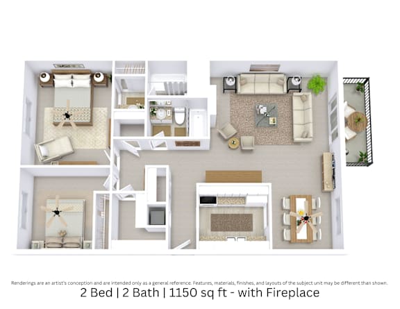 This is a 3D-floor plan providing a detailed, angled view of the space with room layouts, furniture placement, and spatial flow. Features 2 bedrooms, 2 bathrooms, and approximately 1150 Sq. Ft.